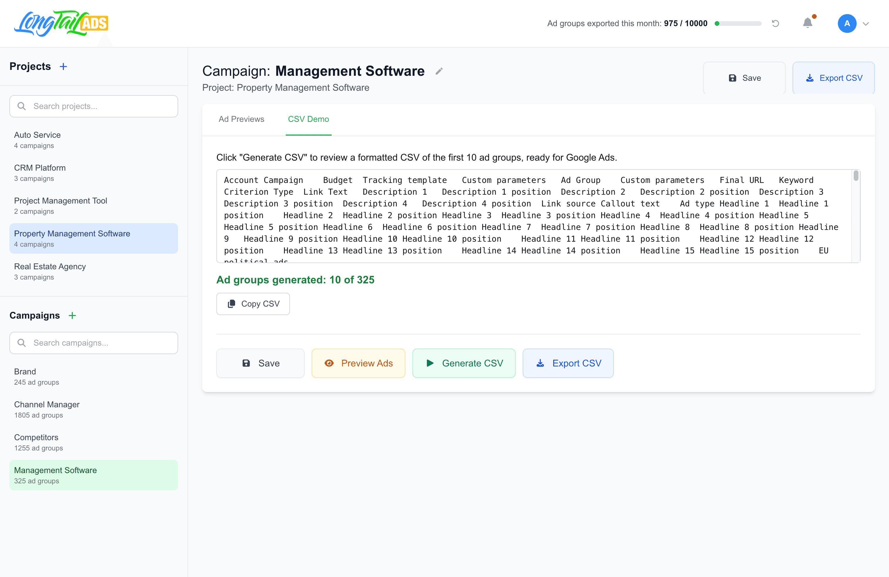 LongTailAds Dashboard - CSV Demo