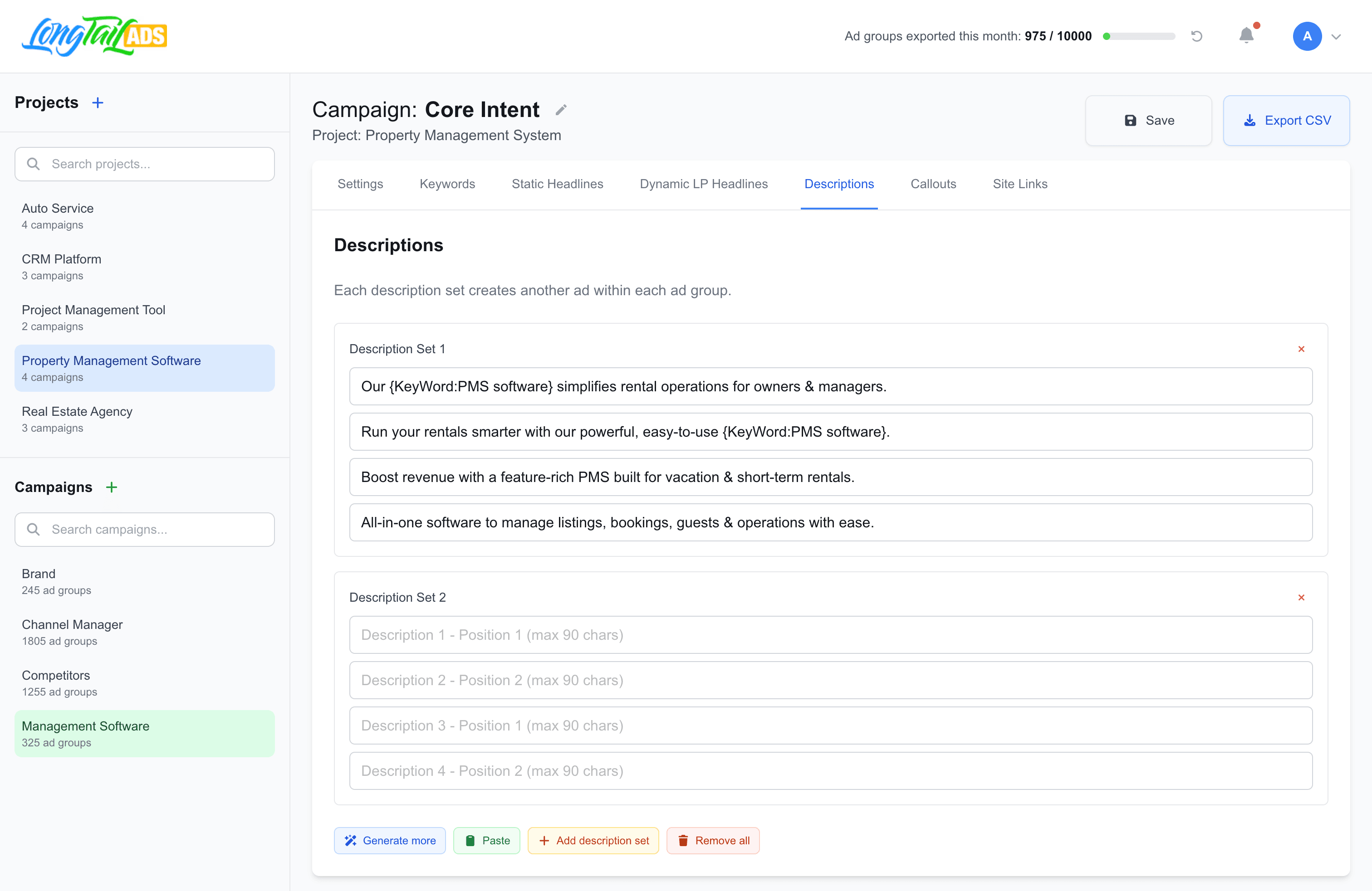 LongTailAds Dashboard - Descriptions