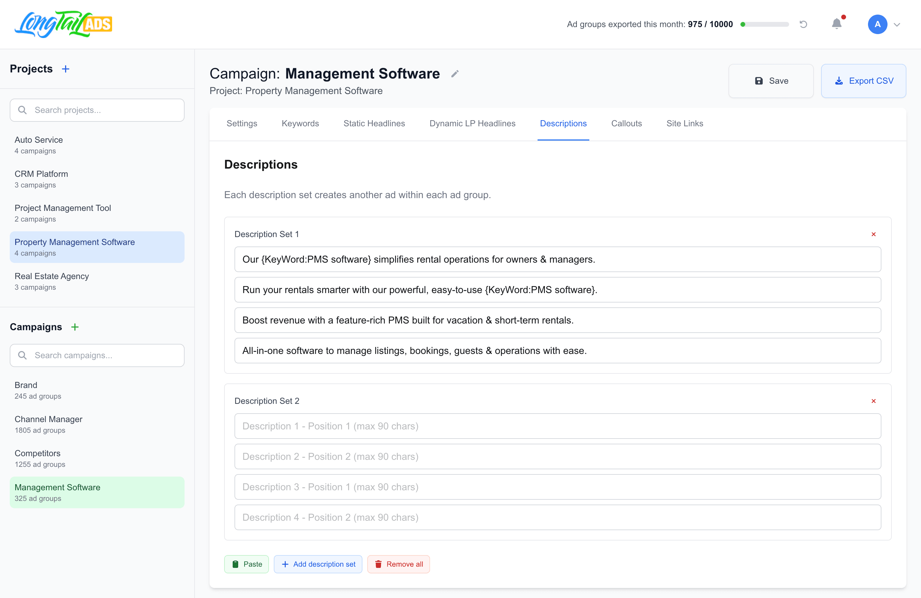 LongTailAds Dashboard - Descriptions