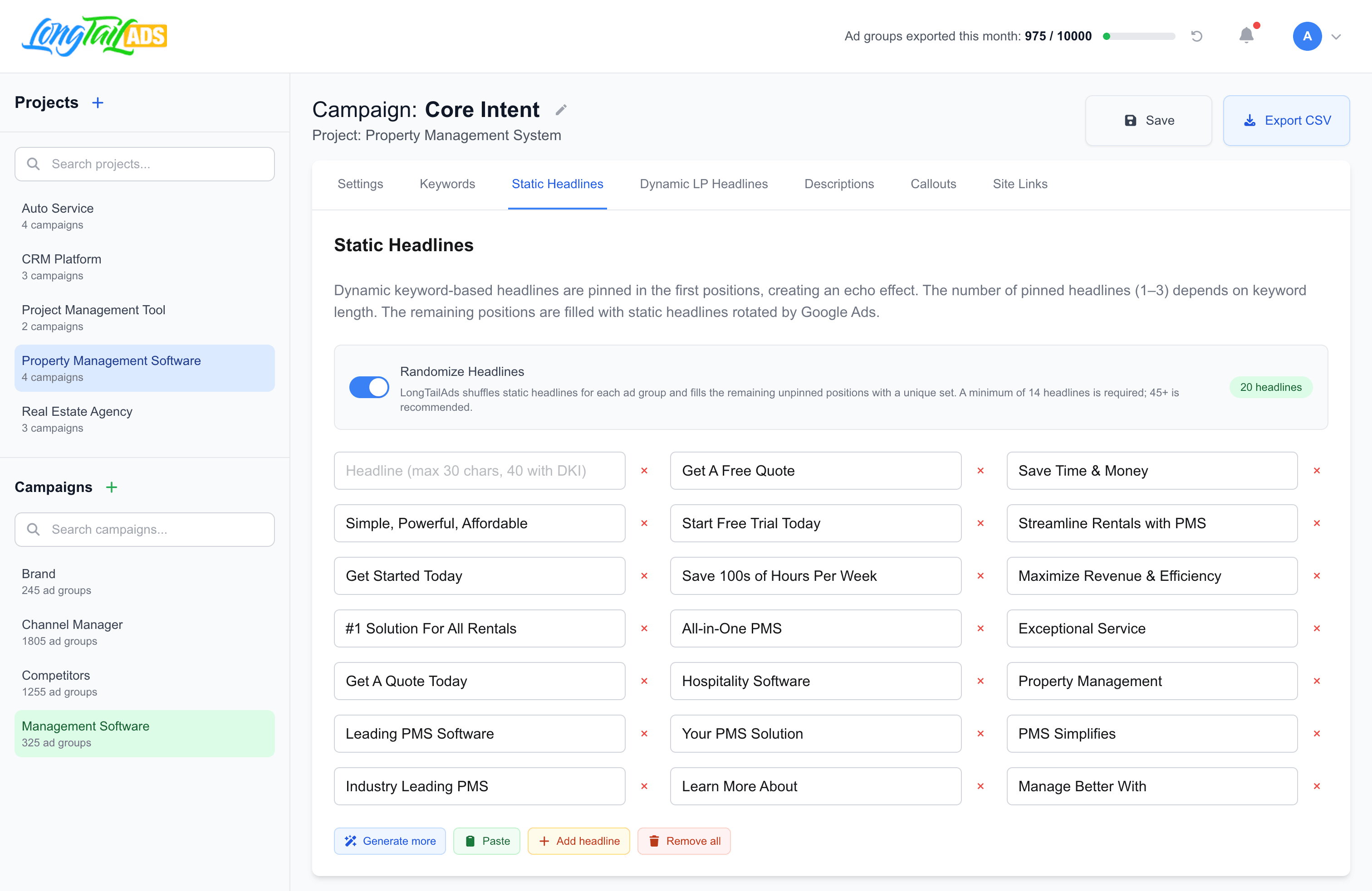 LongTailAds Dashboard - Headlines