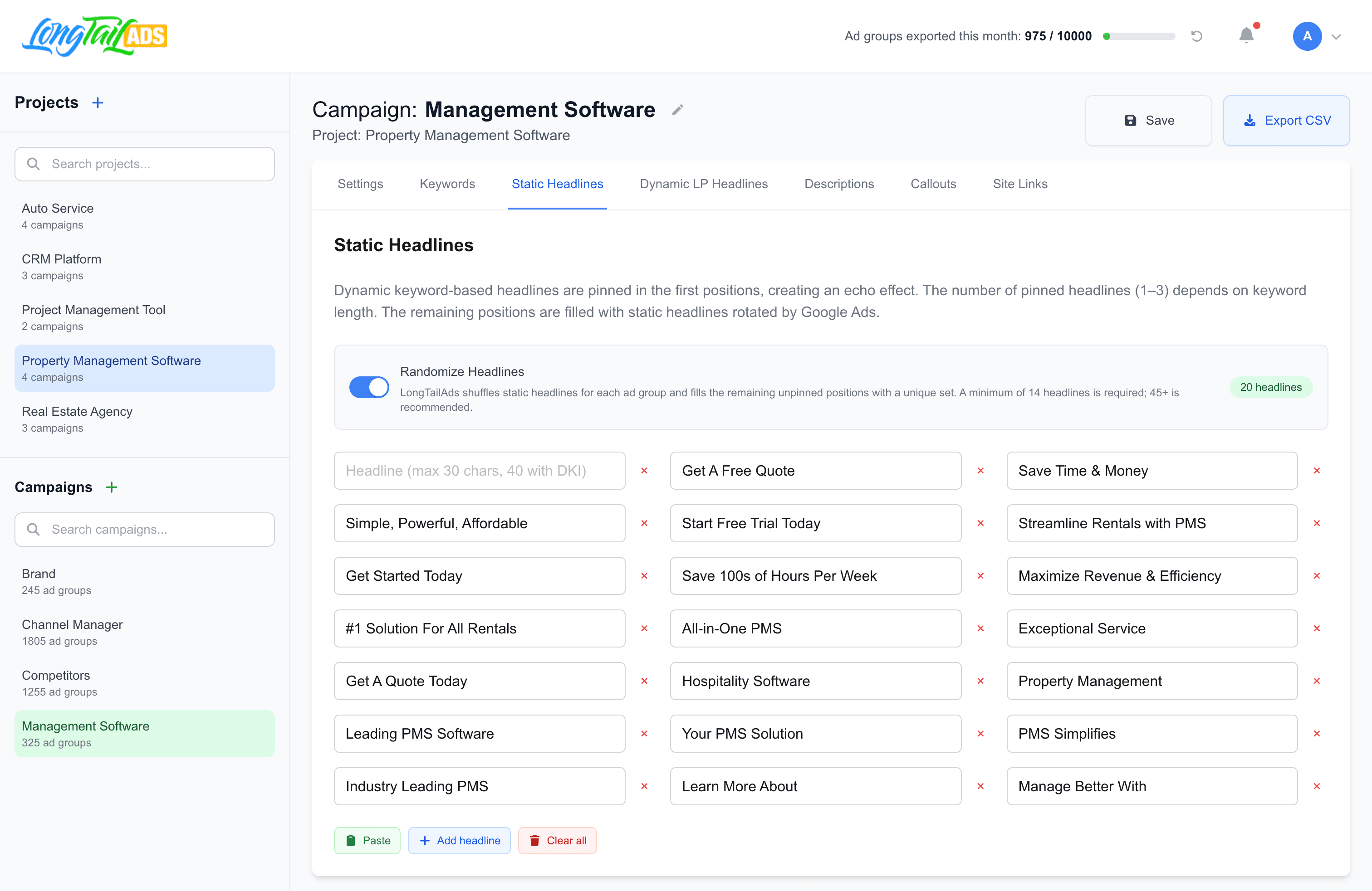 LongTailAds Dashboard - Headlines