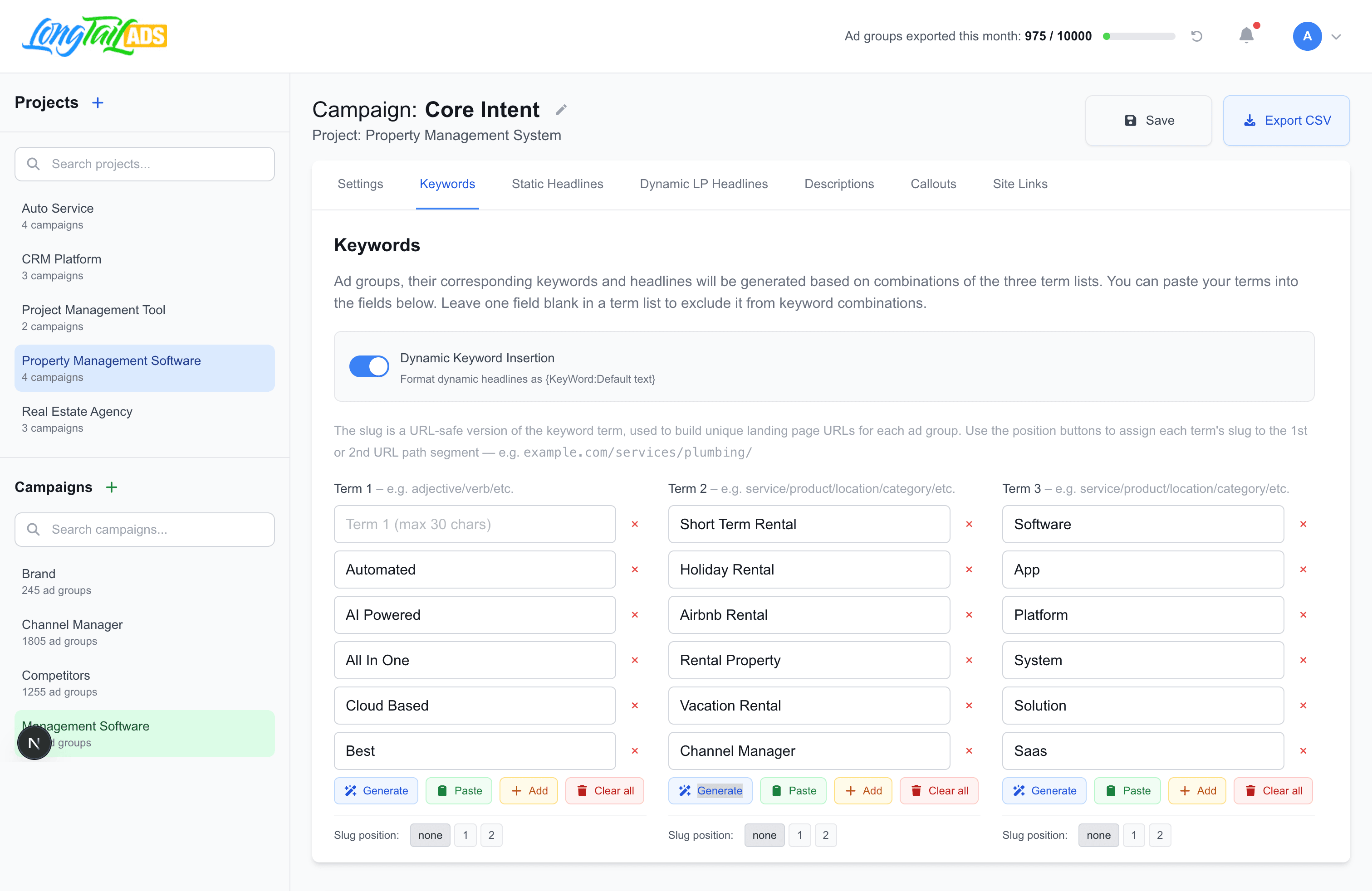 LongTailAds Dashboard - Keywords