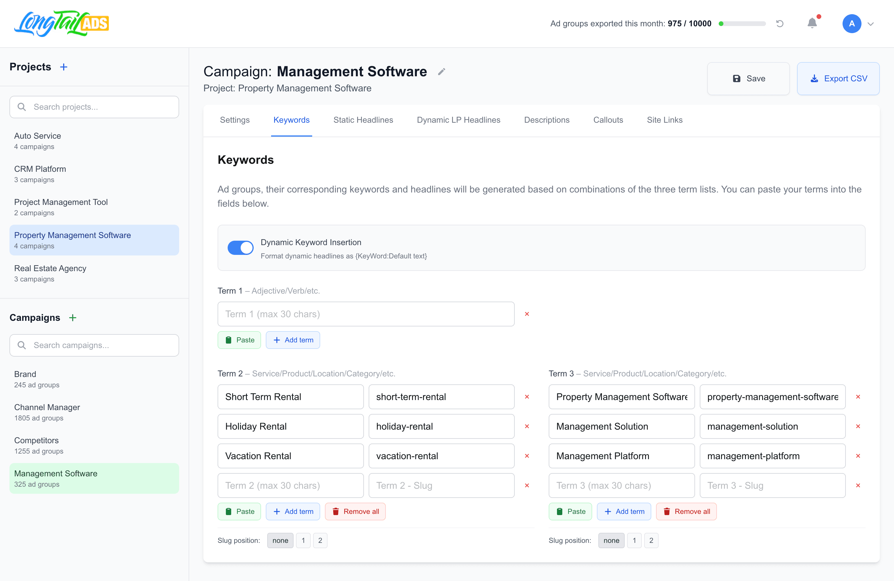 LongTailAds Dashboard - Projects & campaigns